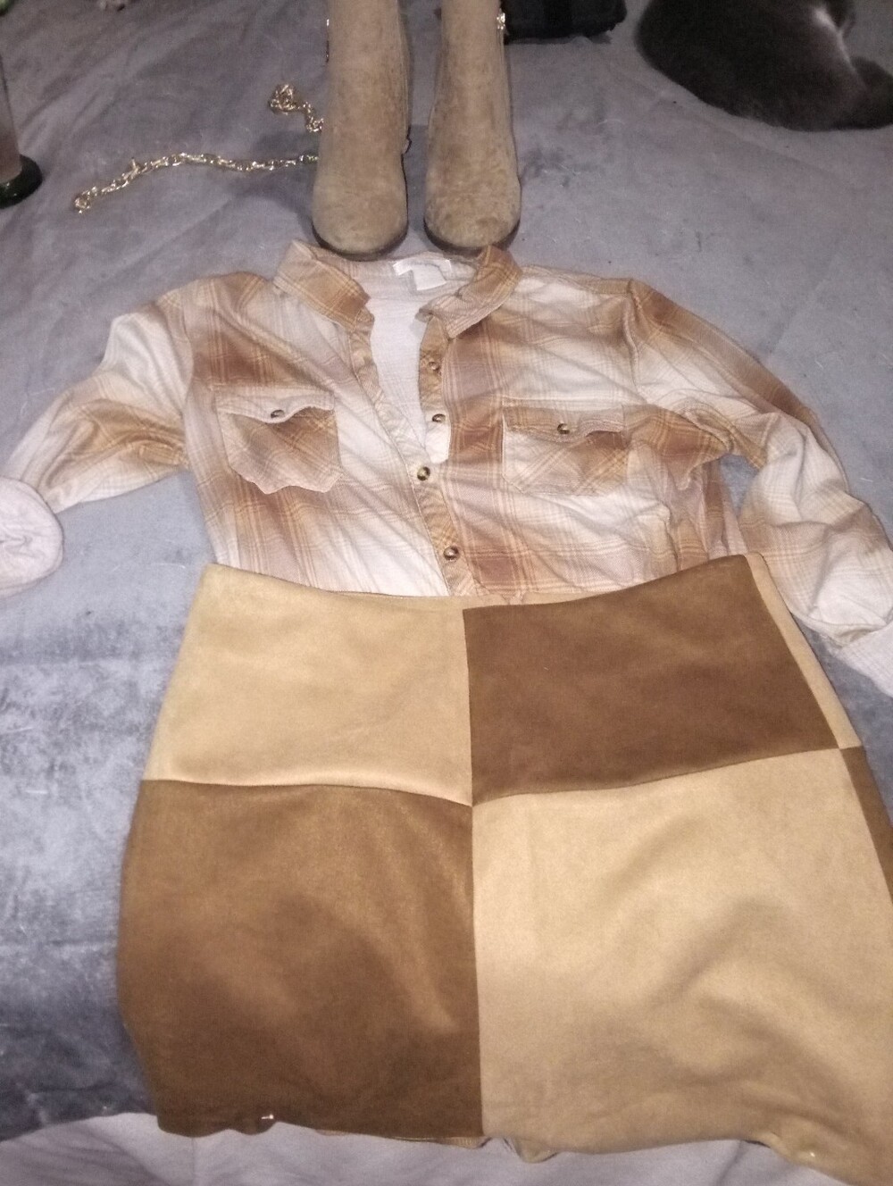 Suede Mini Skirt With Flannel Shirt And Boots